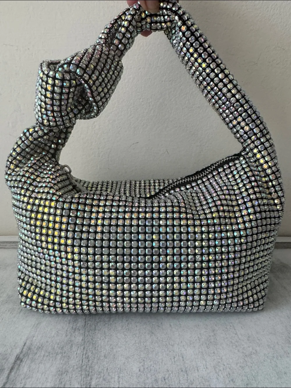 Madison West Knotted Aurora Boraelis Rhinestone Dumpling Evening Handbag